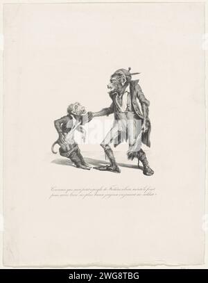 Zwei Affen, 1830, Anonym, 1830–1831 Print Cartoon mit König Wilhelm I. als erwachsener Affe, der sich bereit macht, einen jungen Affen, Prinz Frederik, mit einer Stange herauszufordern. Mit wechselseitiger Beschriftung. Belgische Papiertiere, die als Menschen wirken. Affen, Affen Stockfoto