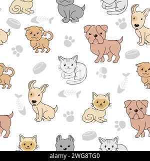 Niedliche Hunde Doodle Vektor Set. Nahtloses Hintergrunddesign für Katzen und Hunde Stock Vektor