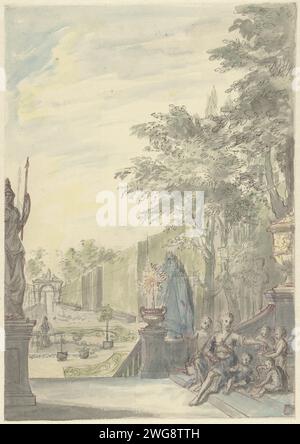 Gesicht von einer Terrasse in einem Ziergarten, Daniël Marot (II), 1705 - 1769 Zeichnung Design für ein Wandgemälde. Papier. Tinte. Bleistift. Aquarell (Farbe) Stift / Stift / Pinsel französischer oder architektonischer Garten; formeller Garten Stockfoto