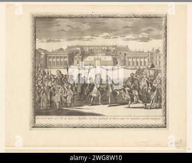 Empfang Jakobus II. In Versailles, 1689, 1691 Druckempfang von König Jakobus II. Mit seinem Gefolge in Versailles von König Ludwig XIV., 6. Januar 1689. Platte 7 in einer Serie von 20 Aufzeichnungen über die glorreiche Revolution in England in den Jahren 1688–1691. Nordholländische Papierätzung willkommen  Reisenburg von Versailles Stockfoto
