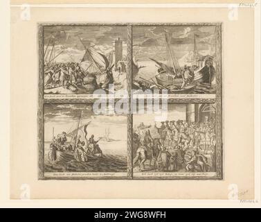 Flug von Jacobus II nach Rochester und Paris, 1688-1691, 1691 Druckbogen mit vier Vorstellungen des Fluges von Jacobus II nach Rochester, Überquerung des Kanals und Abflug von Boulogne nach Paris, 28. Dezember 1688 - 2. Januar 1689. Platte 6 in einer Serie von 20 Aufzeichnungen über die glorreiche Revolution in England in den Jahren 1688–1691. Nord-Niederlande Papierätzung Verkehr und Transport Rochester. Boulogne-sur-Mer Stockfoto