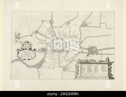 Karte der Belagerung von Leiden, 1573-1574, 1717 Druck Benefiz der Stadt Leiden in den Jahren 1573-1574 durch die Spanier. Karte mit Karte der Stadt und der Umgebung nach Leiderdorp und de Kwakel, mit allen Sonnenschirmen in der Gegend. Links eine Kartusche mit dem Titel und dem Stadtwappen, rechts eine Kartusche auf einem Sockel mit der Legende 1-49 in Niederländisch. Nordholland Papierätzung / Gravur Belagerung, Position Krieg. Stadtpläne. Wappen (als Symbol des Staates usw.) (+ Stadt; Gemeinde) zu führen. Leiddorp Stockfoto