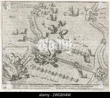 Belagerung und Belagerung Antwerpens 1585: Schipbrücke von Parma über die Schelde, 1613–1615 Druck Schiffbrug des Herzogs von Parma über die Schelde, 5. April 1585. Teil einer Gruppe von Aufführungen der Belagerung und Eroberung Antwerpens durch den Herzog von Parma vom 1584. Juli bis 17. August 1585. Mit 4 Zeilen in lateinischer Sprache. Nummeriert 166. Auf der Rückseite mit lateinischem Text. Nordniederländische Papierätzung Pontonbrücke Antwerpen. Waagen Stockfoto