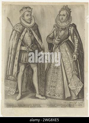 Doppelporträt von Albrecht, Erzherzog von Österreich und Isabella von Spanien, Karel van SiChem, nach Christoffel van SiChem (I), in oder vor 1614 Druck Doppelporträt von Albrecht, Erzherzog von Österreich und Isabella von Spanien, Gouverneure der südlichen Niederlande. Sein Wappen steht auf dem Boden neben ihm, sie trägt ihr auf einem Band in der Hand. Unter den Porträts sind sowohl der Name als auch der Titel zu sehen. Amsterdam (möglicherweise) Papiergravur/Ätzung Stockfoto