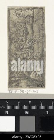 Abraham and de Drie Engelen, Anonym, 1500–1600 Druck Abraham empfängt die drei Engel vor seinem Haus und kniet für sie. Sie versprechen ihm, dass er einen Sohn mit Sara haben wird. Sara hört rechts in der Tür. In der oberen rechten Ecke der Fassade wird auf Gen. 13 im Spiegelbild verwiesen. Niederländische Papiergravur Abraham kniet vor den Engeln Stockfoto