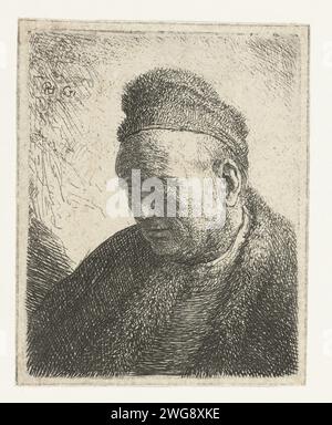 Bartloser Mann in Pelzmantel und Kappe: Bust, Rembrandt van Rijn, 1631 Druck Ein Mann mit Pelzmütze auf und Pelzmantel auf, leicht nach unten schauend. Niederlande Papier Ätzen / Gravieren Kopfbedeckungen (mit NAME). Alter Mann (+ Dreiviertelansicht) Stockfoto