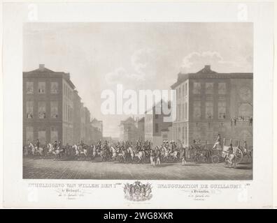 Inhuldiging van willem den 1. Te brussel den 21. September 1815 (trein.) / Einweihung der Guillaume 1er in Brüssel, 21. September 1815. (Corrtège.), 1825 - 1826 feierlicher Eintritt der Prozession zur Einweihung von König Wilhelm I. in Brüssel am 21. September 1815. Der vordere Teil der Prozession ging einem Musikkorps zu Pferd voraus. Am Ende der Titel in Niederländisch und Französisch getrennt durch die Waffe von König Wilhelm I. Teil einer Reihe von Aufzeichnungen über die Ankunft und Einweihung von Wilhelm I. in Brüssel Brüssel, Zeitung Etching Triummphal Entry and Public Reception, Pageant, 'feierlich Stockfoto