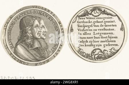 Menning über den Tod der Brüder de Witt, 1672, 1672 – 1699 drucken die Vorder- und Unterseite einer Medaille zu Ehren der Brüder Johan und Cornelis de Witt, die am 20. August 1672 ermordet wurden. Vorne: Die Brüder im Profil nebeneinander. Umgekehrt: Ein Vers aus acht Zeilen. Nordholländische Papierstichmedaille (gilt als Skulptur, unabhängig von ihrer spezifischen Funktion) Stockfoto