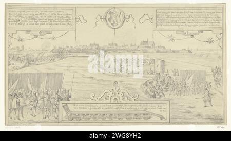Belagerung von Alkmaar 1573, von Norden gesehen, 1861, Belagerung von Alkmaar 1573, von Norden aus gesehen. Kopie des Gemäldes von Pieter Adriaensz Cluyt aus dem Jahr 1580. Soldaten stürmen die Stadt von links und rechts. In der Vordergrundkartusche mit Text mit einem Bild einer Sturmbrücke, wie sie von den Spaniern verwendet wurde. Links und oben rechts Kartuschen mit Texten in Niederländisch, in der Mitte das Stadtwappen. Niederlande Papier. Bleistiftbelagerung, Krieg positionieren. Befestigungsanlagen, Militärtechnik. Belagerungsarme, z. B.: Rammbock Alkmaar Stockfoto