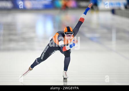 Quebec, Kanada. Februar 2024. QUEBEC, KANADA - 3. FEBRUAR: Marrit Fledderus aus den Niederlanden tritt am 3. Februar 2024 in Quebec in der 500-m-A-Division der Frauen während der ISU Speed Skating World Cup im Centre de Glaces Intact Assurance an. (Foto von David Kirouac/Orange Pictures) Credit: dpa/Alamy Live News Stockfoto