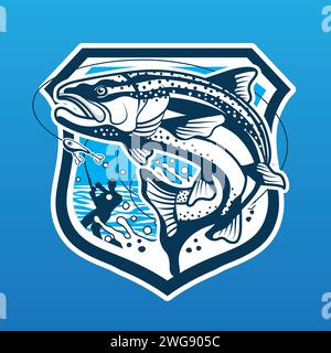 Fischerei; Fisch; Fluss; Wasser; Wildtiere; Tier; Illustration; Vektor; Sport; Lachs; Köder; Köder; Fischköder; Jahrgang; see; weiß; springen; Symbol; lar Stock Vektor