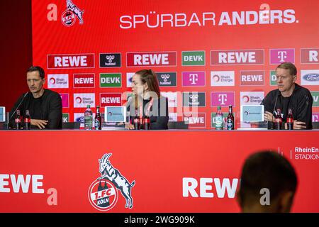 Dino Toppmoeller (Eintracht Frankfurt, Cheftrainer), Lil Zercher (1. FC Köln, Pressesprecherin) und Timo Schultz (1. FC Köln, Trainer) auf der Pressekonferenz nach dem Spiel. Fußball: 1. Bundesliga, Saison 2023/2024, 20. Spieltag, 1. FC Köln - Eintracht Frankfurt am 03.02.2024 im RheinEnergieStadion Köln. Wichtiger Hinweis: Gemaess den Vorgaben der DFL Deutsche Fussball Liga bzw. Des DFB Deutscher Fussball-Bund ist es untersagt, in dem Stadion und/oder vom Spiel angefertigte Fotoaufnahmen in Form von Sequenzbildern und/oder videoaehnlichen Fotostrecken zu verwerten bzw. Verwerten zu la Stockfoto