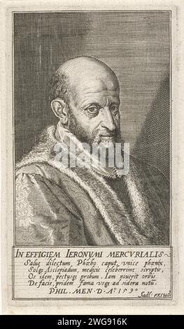 Portret Van Grolamo Mercuriale, Johann Sadeler (I) (zugeschrieben), Druckschrift Mercurial Girolamo, auch als lateinischer Name bekannt: Hieronymus Mercurialis, italienischer Philologe und Arzt, berühmt für seine Arbeit „die Arte Gymnastica“. Unter dem Porträt 5 Zeilen lateinischer Text. Münchner Papiergravurarzt, Arzt. Medizin, medizinische Wissenschaft (+ Porträt des Gelehrten, Wissenschaftlers). Philologie (+ Porträt des Gelehrten, Wissenschaftlers) Stockfoto