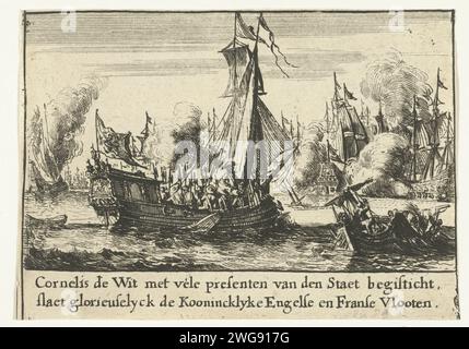 Cornelis de Witt führt den Angriff auf die englische Flotte während der Reise nach Chatham, 1667, 1675 Druck Cornelis de Witt führt den Angriff auf die englische Flotte, 20-23. Juni 1667. Episode von der Reise nach Chatham während des Zweiten Englischen Krieges. Fragment des Grossdrucks über die Brüder de Witt: Witten Wonder Spiegel (1675). Nordniederländische Papierätzschlacht (+ Marinestreitkräfte). RAID auf dem Medway Stockfoto