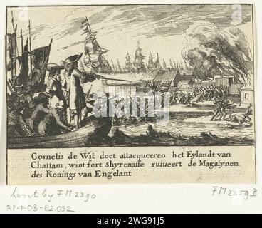 Cornelis de Witt führt den Angriff auf Sheerness, 1667, 1675 Druck Cornelis de Witt führt den Angriff auf Sheerness, 20-23. Juni 1667. Episode von der Reise nach Chatham während des Zweiten Englischen Krieges. Fragment des Grossdrucks über die Brüder de Witt: Witten Wonder Spiegel (1675). Nordniederländische Papierätzung Eroberung der Stadt (nach der Belagerung). Überfallen Sie die Medway Sheerness Stockfoto