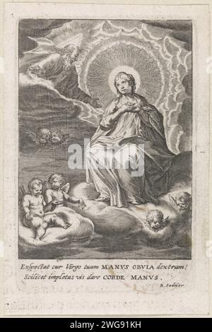 Maria im Gespräch mit Gott dem Vater, Raphaël Sadeler (I), 1617 Druck Gott Vater im Gespräch mit der Jungfrau Maria in den Wolken zusammen mit Engeln. Münchner Papierstich Gott und Maria thronten, umgeben von den 24 Ältesten und den vier Bestien Stockfoto