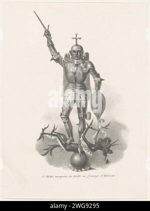 Heiliger Michaël überwindet den Teufel mit dem niederländischen Käse, 1830, Anonym, nach Maarten van Rode, 1830–1831 Druck der Erzengel Michaël als Ritter in Rüstung überwindet den Teufel mit dem niederländischen Käse. Zur Statue von Maarten van ritt ab 1455 auf dem Streiker des Rathauses von Brüssel. Allegorie zur Rebellion in Brüssel 23-26. September 1830. Belgische Zeitung der Erzengel Michael kämpft gegen den Drachen (Teufel, Satan) Brüssel. Rathaus Stockfoto