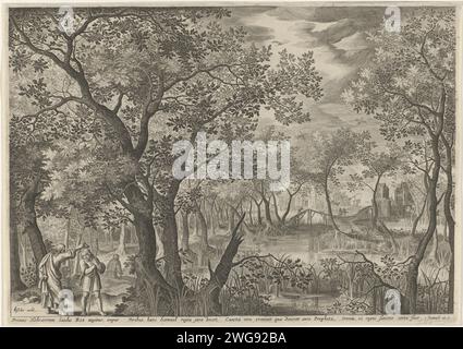 Samuël Salbe Saul an König, Jan van Londerseel, nach David Vinckboons, 1601–1702 Druck Wasser-reiche Landschaft, in der Saul von Samuel gesalbt wird. Samuel leert Sauls Kopf mit einem Krug Öl. Unter dem zeigen Sie den Titel in lateinischer Sprache und einen Verweis auf den Bibeltext in 1 SAM. 10: 1. Amsterdamer Papierstich der Salbe Sauls von Samuel. Landschaften mit Gewässern, Wasserlandschaften, Meereslandschaften (in der gemäßigten Zone) Stockfoto