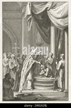 Taufe von Clovis, 496, 1780 – 1795 Print Taufe von Clovis, König der Franken, in Reims am 25. Dezember 496. Clovis, der in einem Taufbecken geknien ist, wird vom Heiligen Remigius getauft. Niederlande Papierätzung feierliche Taufe (durch Bischof oder Priester) Reims Stockfoto