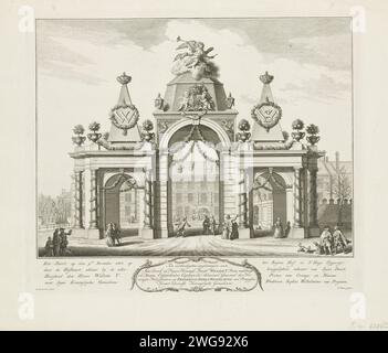 Erepoort auf dem Buitenhof für die Einreise von Willem V. und Wilhelmina van Pruisen, 1767, 1767 Print Ansicht des am Buitenhof gegründeten Erpoorts für die Einreise des frisch verheirateten Stadthalters Willem V. und seiner Frau Prinzessin Wilhelmina van Pruisen am 9. November 1767 in den Haag. Am Rand eine Kartusche mit der Aufgabe. Nordholland Papiergravur Triumphbogen Buitenhof Stockfoto