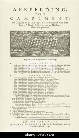 Campingplatz in den Haag, 1742, 1742 Drucken Ansicht der Großen Armee Übung das Lager in den Haag, ein Armeelager der Bundesstaaten Holland und Westfriesland in den Haagse Bos bei den Haag, 29. Mai 1742. Auf dem Magazin unter dem Teller de Legends 1-12, A-D und C-g. Druckerei: Nord-Niederlande: Das Haager Lager für Buchdruck (Militär) mit Zelten Haagse Bos Stockfoto