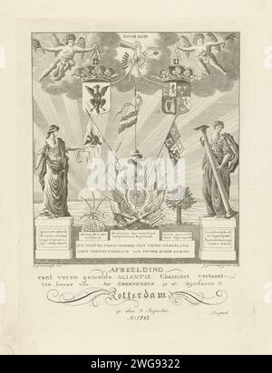 Allegory on the Triple Alliance between the Republic of the Sieben United Provinces, Preußen and the United Kingdom, 1788, Jacob Groenendijk, nach A. Groenendijk, 1788 Print Allegory on the Triple Alliance from 1788 in Rebus-Form. In der Mitte das Wappen der Republik der Sieben Vereinigten Provinzen. Außerdem wurden die Wappen Preußens (links) und Großbritanniens (rechts) von Engeln und der Hand Gottes gestoppt. Neben den Wappen sind drei Schwerter zusammengebunden und die Personifizierung Gerechtigkeit. Rechts ein verwurzelter Baum und die Standhaftigkeit der Personifizierung Stockfoto