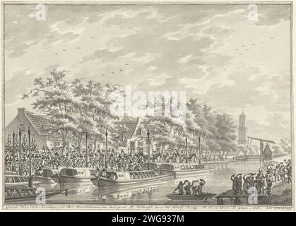 Ankunft der Amsterdamer in Utrecht, 1787, Daniël Kerkhoff, 1787 Gesicht in Utrecht mit der Ankunft der Binnenschiffe mit den 600 bewaffneten Amsterdamer Bürgern, 17. Juli 1787. Anhänger der Zeichnung mit der Abreise aus Amsterdam. Design für einen Druck. Papier aus den nördlichen Niederlanden. Ankunft und Rückgabe von Tintenstift/Pinsel  Fahrt (+ Antrieb von Fahrzeug, Schiff usw. bis ...) Utrecht Stockfoto