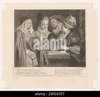 Kompanie von fünf Schauspielern an einem Schirm, Simon Henri Thomassin, nach Jean Antoine Watteau, 1735 Druckgraphiker: FranceAfter Malerei von: Francepublisher: Parispublisher: ParisFrance Papierätzung / Gravur Gruppe von Schauspielern, Truppe; Schauspieler auf der Bühne. Maske Stockfoto