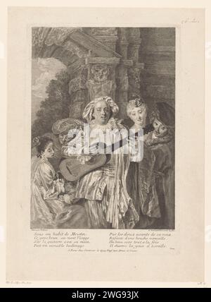 Mezzetin mit einer Gitarre umgeben von fünf Figuren, Simon Henri Thomassin, nach Jean Antoine Watteau, 1697 - in oder vor 1726 Druckgraphiker: FranceAfter Malerei von: FranceFrancepublisher: Paris Papierätzung / Gravurtypen in 'Commedia dell'arte'. Cithern, Mandoline, Gitarre, Balalaika Stockfoto