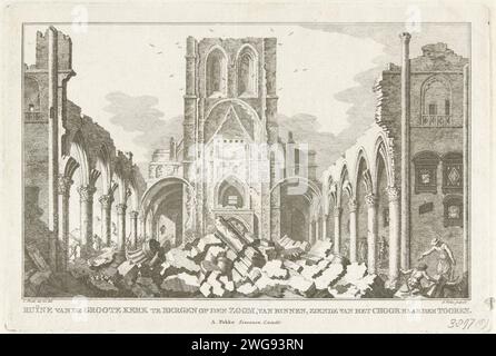 Ruine der Grote Kerk van Bergen op Zoom, 1748, 1772 - 1780 Druckruine des Innenraums der Grote Kerk (Sint-Gertrudiskerk) von Bergen op Zoom im Jahr 1748. Teil der Serie mit zehn Gesichtern der Ruinen nach der Belagerung und der Zerstörung von Bergen op Zoom durch die Franzosen im Juni-September 1747 . Nordholländische Papierätzung verwüstet, ruiniert Ort oder Stadt ( Krieg). Ruine der Kirche, des Klosters usw. Bergen op Zoom Stockfoto