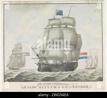 Kriegsschiff de Jupiter, 1797, C. Toussaint, 1800, unter Vizeadmiral Hermanus Reijntjes und Schout-bij Nacht Frederik Alexander Meurer. Das Schiff war Teil der Batavier-Flotte, die von den Briten während der Seeschlacht bei Kamperduin am 11. Oktober 1797 besiegt wurde. Auf hoher See nach links segeln, begleitet von zwei kleineren bewaffneten Schiffen. Niederlande Papierschreiber/Bürstenschiffe (allgemein) (+ Antrieb von Fahrzeug, Schiff usw. durch Wind). navy (+ Segelschiffe). Schlacht von Camperdown Kamperduin Stockfoto