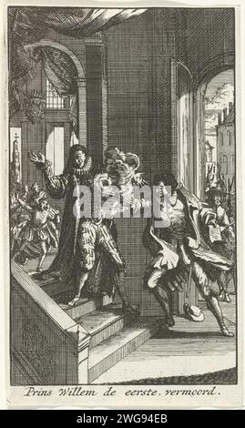 Mord an dem Prinzen von Orange, 1584, 1660 – 1712 Print der Prinz von Orange in Delft ermordet von Balthasar Gerards, 10. Juli 1584. Der Prinz wird auf der Treppe erschossen. Nord-Niederlande-Papierätzversuch, politischer Mord Prinsenhof Stockfoto