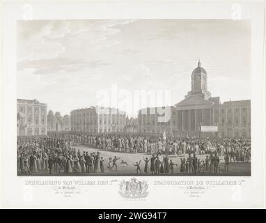 Inhuldiging van willem den 1sten te brussel, den 21. September 1815 (Trein.) / Einweihung der Guillaume 1. In Brüssel, 21. September 1815. (Corned.), 1825–1826 Druckprozession von König Wilhelm I. nach der Einweihung auf dem Koningsplein in der Kirche Sint-Jacob-op Koudenberg in Brüssel am 21. September 1815. Der König geht in der Prozession unter einem Baldachin. Am Ende der Titel in Niederländisch und Französisch getrennt durch die Waffe von König Wilhelm I. Teil einer Reihe von Aufzeichnungen über die Ankunft und Einweihung von Wilhelm I. in Brüssel. Brüsseler Papier ätzt zeremonielle Prozession, Parade, PA Stockfoto