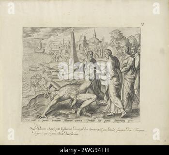 Christus heilt einen Besessenen, Johannes Wierix, nach Gerard van Groeningen, 1585 Druck Christus heilt einen Besessenen im Bereich der Gerasenen. Die unreinen Geister verlassen den Mann durch seinen Mund und ziehen Schweine in eine Herde, die laufen und den See ertränken. Die Jünger Christi wachen. Im Hintergrund ist die Fortsetzung der Geschichte dargestellt: Die Schweinshauben flüchten und erzählen in der Stadt, was passiert ist. Dann kommen die Bewohner zu Christus und bitten ihn, ihr Territorium zu verlassen. Links im Hintergrund verlässt Christus ein Boot und der geheilte Mann bleibt auf dem Steg. Unter der Performance eine Referenz Stockfoto