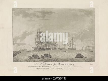 Sieg auf Palembang, 1821, A. Lutz, nach Haatje Pieters Oosterhuis, 1821 Druckbeschuss der Küstenbatterien auf dem Fluss Palembang auf Sumatra durch niederländische Kriegsschiffe unter dem Kommando von General H.M. de Kock, 24. Juni 1821. Im Vordergrund Männer in Schlangen. Der Ausdruck enthält eine separate Erklärung. Siehe auch Hängegerät. Druckerei: Netherlandspublisher: Amsterdamer Papierätzkampf (+ Marinestreitkräfte) Palembang Stockfoto