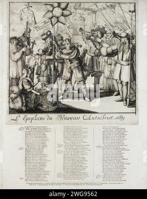 Cartoon über den Fall von Jacobus II. Und seinen Flug nach Frankreich, 1689, Romeyn de Hooghe (zugeschrieben), nach Romeyn de Hooghe, 1689 Print Cartoon über den Fall von Jacobus II. Und seine Flucht nach Frankreich am 6. Januar 1689 (drei Könige). Jakobus II., Ludwig XIV. Und der Dauphin singen auf drei Königen für den Papst, Kaiser Leopold I. und Wilhelm III. Links auch Königin Maria von Modena mit dem armen Kind, dem Kardinal und Pater Peters (Edward Petre) auf einem Esel. Unter der Abbildung ist ein Vers in 3 Spalten mit einer Aussage der Zahlen 1-8 in Niederländisch gezeigt. Am Ende einer Aussage mit den Buchstaben A-G. Niederlande PA Stockfoto