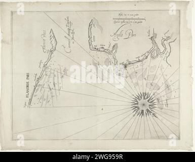 Seekarte der englischen Küste bei Duins, 1639, 1639 drucken Seekarte der englischen Küste bei Duins, Ort der Seeschlacht bei Duins zwischen der spanischen Armada, unter dem Kommando von Antonio de Oquendo und der staatlichen Flotte unter Maarten Harpertsz. Tromp, 21. Oktober 1639. Links die flämische und nordfranzösische Küste zwischen Ostende und Calais, oberhalb und rechts die englische Küste zwischen Hythe und Gravesend. Mit dem Sandfeuer vor der Küste, aber vor den spanischen und staatlichen Flotten. Nordholländische Papiergravur von Seekarten. Schlacht der Downs Duins. Englischer Kanal Stockfoto