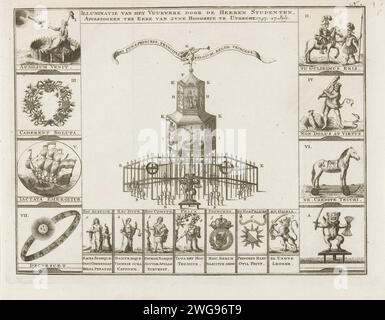 Feuerwerk in Utrecht zu Ehren von Wilhelm IV., 1747, 1747 – 1749 Print Feuerwerk in der Neude in Utrecht im Auftrag der Studenten der Universität Utrecht zu Ehren der Ernennung von Prinz Wilhelm IV. zum Statthalter der Republik und seines Besuchs in Utrecht am 27. Juli 1747. Zentrale Aufführung des Gerüsts für das Feuerwerk umgeben von kleineren Darstellungen der allegorischen Verzierungen auf dem Tempel auf dem Gerüst. Rechts oben markiert: N. 2. Nordholland Papierätzung Lagerfeuer, Feuerwerk (+ Beleuchtung, Feuerwerk  festliche Aktivitäten) Neud Stockfoto