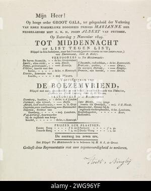 Werbetext für die Gala-Show bei der Verlobung von Prinzessin Marianne, 1829, Anonym, 1829 Textblatt Werbetext für die Gala-Show von zwei Theaterstücken „bis Mitternacht“ (von Dumaniant) und „de Boezemvreind“ (von Théaulon, Dartois und Ferd). Laloue) anlässlich der Verlobung von Prinzessin Marianne mit Prinz Albert van Pruisen. Umsetzung in den Haag am 7. November 1829 unter der Leitung von Hoedt & Bingley. Der Haager Papier-Buchdruck Stockfoto