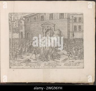 JOW VON ANNE DU BOURG, 1559, 1567 – 1571 Druckauftrag von Anne du Bourg, Paris 23. Dezember 1559 (erwähnt auf dem Druck als 21. Dezember). Du Bourg wird für eine große Menschenmenge gehängt und sein Körper verbrannt. Mit einer Unterschrift von 8 Zeilen auf Deutsch. Unten links nummeriert: 19. Der Ausdruck ist Teil eines Albums. Kölner Papier, das gewalttätigen Tod durch Verbrennung auf dem Scheiterhaufen ätzt; Pyre Paris Stockfoto