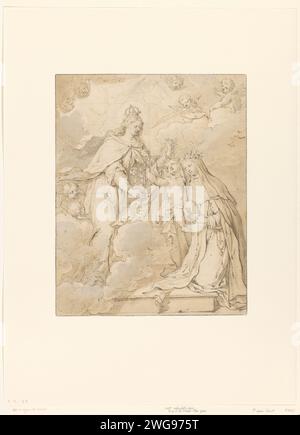 Weibliche heilige mit Christuskind mit Maria, Peter van Lint, 1619–1690 Zeichnung Einer heiligen, die für Maria kniend ist, hält das Christuskind in den Armen. Papier. Tinte. Kreidestift / Pinsel Madonna begleitet von heiligen. Weibliche Heilige (mit NAMEN) Stockfoto