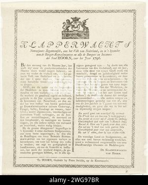 Neujahrsersatz der Hoornse Klapperwacht für das Jahr 1796, 1795 - 1796 Print Neujahrsersatz in der Klapperwacht der Stadt Hoorn für das Jahr 1796. Gewidmet den Administratoren und Bewohnern von Hoorn. Vignette mit der Waffe von Hoorn über einem Text in zwei Spalten. Hoorn (Nordholland) Papier Buchdruck Hoorn (Nordholland) Stockfoto