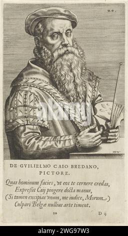 Porträt des Malers Willem Key, Johannes Wierix, 1572 Druck in seinen Händen hält er eine Malpalette und Pinsel. Am Rand eine vierzeilige Unterschrift in lateinischer Sprache. Antwerpen Papiergravur / Buchdruck Porträt, Selbstporträt des Malers. Palette Stockfoto