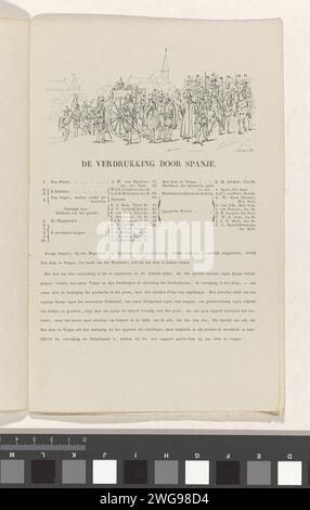 Utrechtse Maskerade von 1851: Spanische Tyrannei 1567, 1851 gedruckte Episode aus dem Beginn des Achtzigjährigen Krieges, 1567. Mit Legende 1-20 mit den Namen der Schüler und darunter ein Text über die vorgeschlagene Veranstaltung. Teil des Booklet mit acht reduzierten Aufführungen der acht Drucke in der Serie der Maskerade der Utrechter Studenten, 25. Juni 1851. Die Maskerade stellt acht Episoden der Nationalgeschichte in Szenen dar. Utrecht-Papier-Buchdruck, der Schülerwettbewerb druckt. Kostüme, die bei Wettbewerben verwendet werden Stockfoto