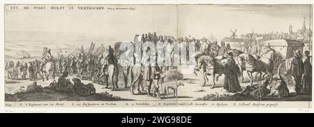 Belagerung und Eroberung Hulsts durch Frederik Hendrik (rechte Hälfte des Exodus der Garnison), 1645, 1646 Druck Belagerung und Eroberung Hulsts durch die Staatsarmee unter Frederik Hendrik vom 28. September bis 5. November 1645. Die rechte Hälfte des Exodus der spanischen Garnison am 5. November klebten zwei Blätter zusammen. Prozession mit Autos, Fußgängern und der Kutsche mit dem verletzten Colonel Mouscron. In der Überschrift de Legenda K-p. Teil eines unversammelten Ensembles bestehend aus der großen Karte der Belagerung in 4 Blättern, einem Textblatt auf Französisch (das Textblatt auf Niederländisch fehlt) und dem Exodus der spanischen Ga Stockfoto