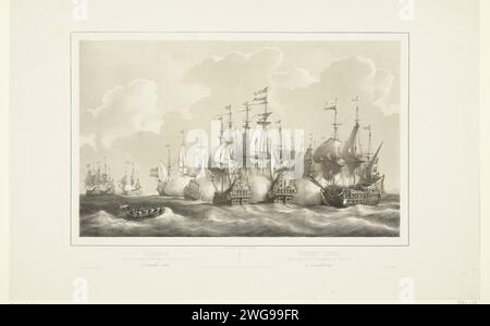 Seeschlacht in de Sont, 1658, 1848 – 1855 Drucken die Schlacht der Sont, zwischen der Staatsflotte unter Admiral Jacob Baron van Wassenaer, Lord von Obdam, und der schwedischen Flotte unter Admiral Carl Gustaf Wangel, 8. November 1658. Druckerei: Netherlandspublisher: Amsterdamer Papierschlacht (+ Marinestreitkräfte) Stockfoto