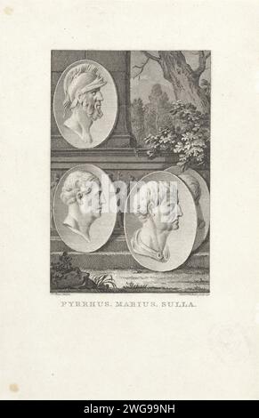 Medaillons mit Porträts von Pyrrhus, Gaius Marius, Sulla, Reinier Vinkeles (I), nach dem Kauf von Jacobus, 1798 gedruckte Medaillons mit Porträts des molosschen Königs Pyrrhus, des römischen Generals Gaius Marius und des römischen Staatsmannes Sulla, auf einer Basis mit einem Bassrelief in der Nähe eines Baumes. Amsterdam Papierätzung (Geschichte von) Pyrrhus, König von Epirus. (Geschichte) Gaius Marius Stockfoto