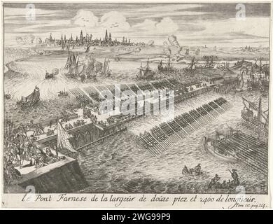 Parma Schiffsbrücke über die Schelde, 1585, 1670 – 1699 Druck die Schiffsbrücke, die der Herzog von Parma über die Schelde, 1585 angelegt hatte. Links vorn Farnese genehmigt den Entwurf für die Schiffsbrücke. In der Ferne die Stadt Antwerpen. Wagen und Soldaten überqueren die fertiggestellte Brücke. Niederländer Papier Ätzen / Gravieren Pontonbrücke Antwerpen. Waagen Stockfoto