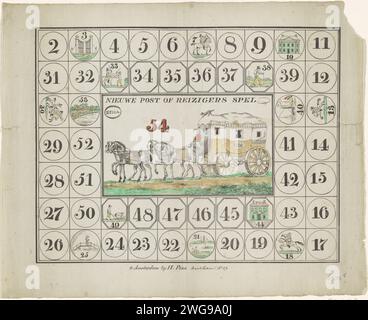 Post oder Travelers Game, ca. 1825, anonym, 1825 Druck. Gameboard Board Spiel genannt Post oder Travelers Spiel. Zentral spannte ein Post- oder Reiseauto mit vier Pferden. Zwei Reihen mit Kisten 2-54. Teil einer Gruppe von Kinder- und Brettspielen, die im Zeitraum ca. 1750-1850. Amsterdam Papier Brettspiele des Zufalls. Vierrädriges Fahrzeug, das von mehr als drei Tieren gezogen wird. Postkutsche Stockfoto