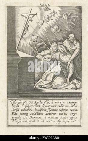 Catharina erhält die Stigmata von Christus, Cornelis Galle (I), 1603 Druck Catharina bricht in den Armen zweier Schwestern zusammen, nachdem sie die Stigmata von Christus empfangen hat. Vom Leib Christi auf einem Kruzifix gehen Linien zu den Wunden Katharinas. Teil einer Serie über Catharina aus Siena, bestehend aus einem Titelabdruck, einem Porträt und 32 nummerierten Szenen aus ihrem Leben. Druckerei: Südhollandspublisher: Antwerpen Papiergravur St. Katharina von Siena, kniend vor einem Kruzifix oder in die Arme von zwei Nonnen, erhält die Stigmata Stockfoto